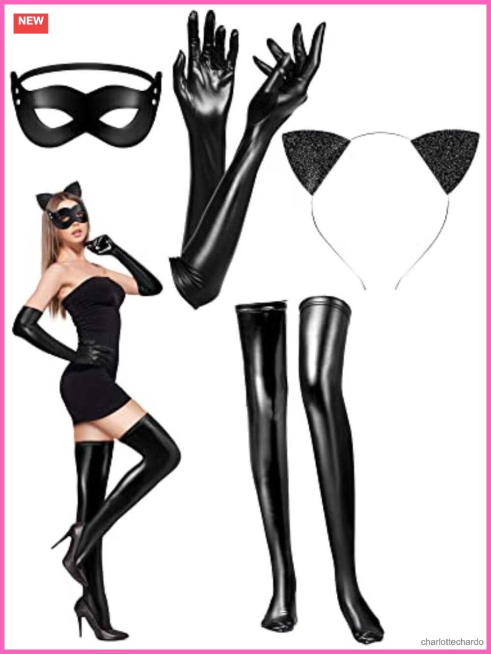 Zhanmai Cat Costume Set PU Leather Eye Mask Ears Gloves Stockings Cosplay